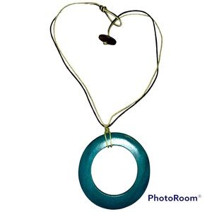 Boho Hippie Teal Wooden Pendant Double Strand Statement Necklace